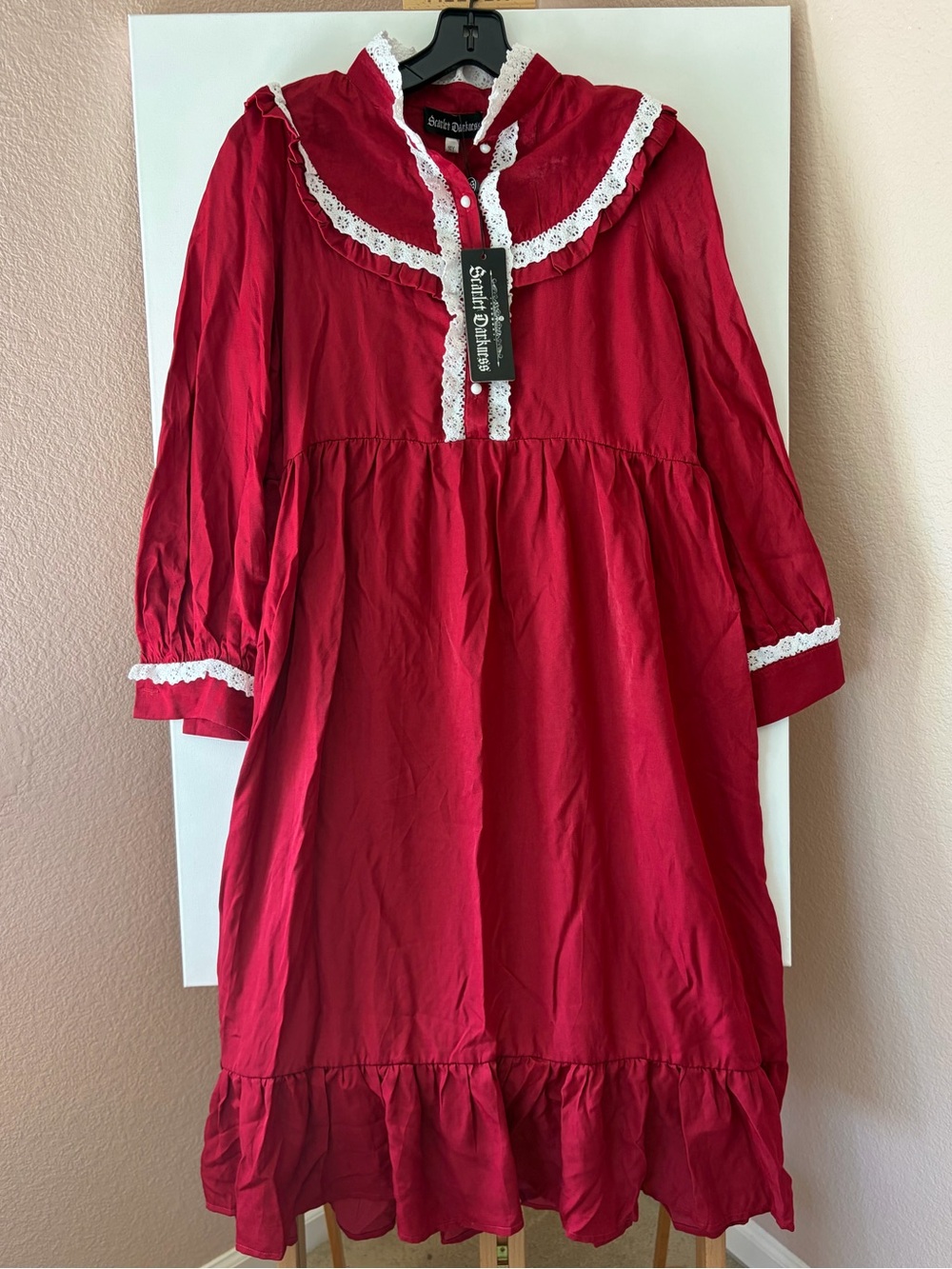 NWT Scarlet Darkness Red Lace Ruffle Cottagecore Lolita Prairie Dress 14Y